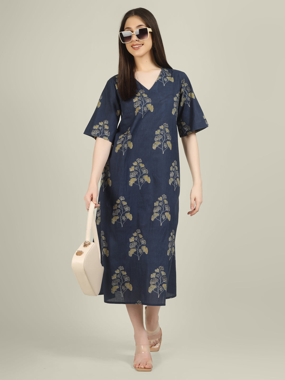 Blue Printed Half-Sleeve A-Line Cotton Dress