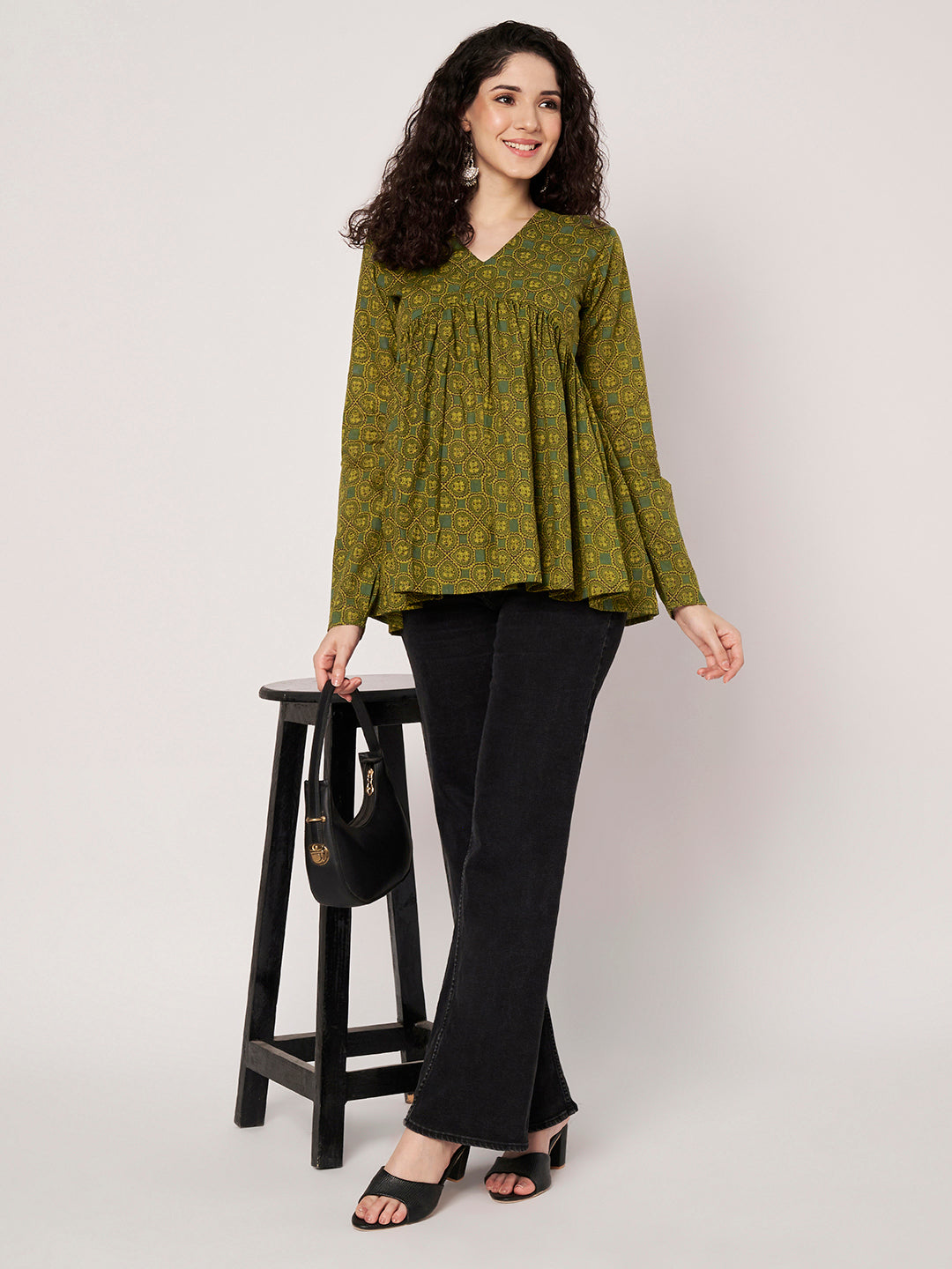 Green Printed Alia-Cut Cotton Top