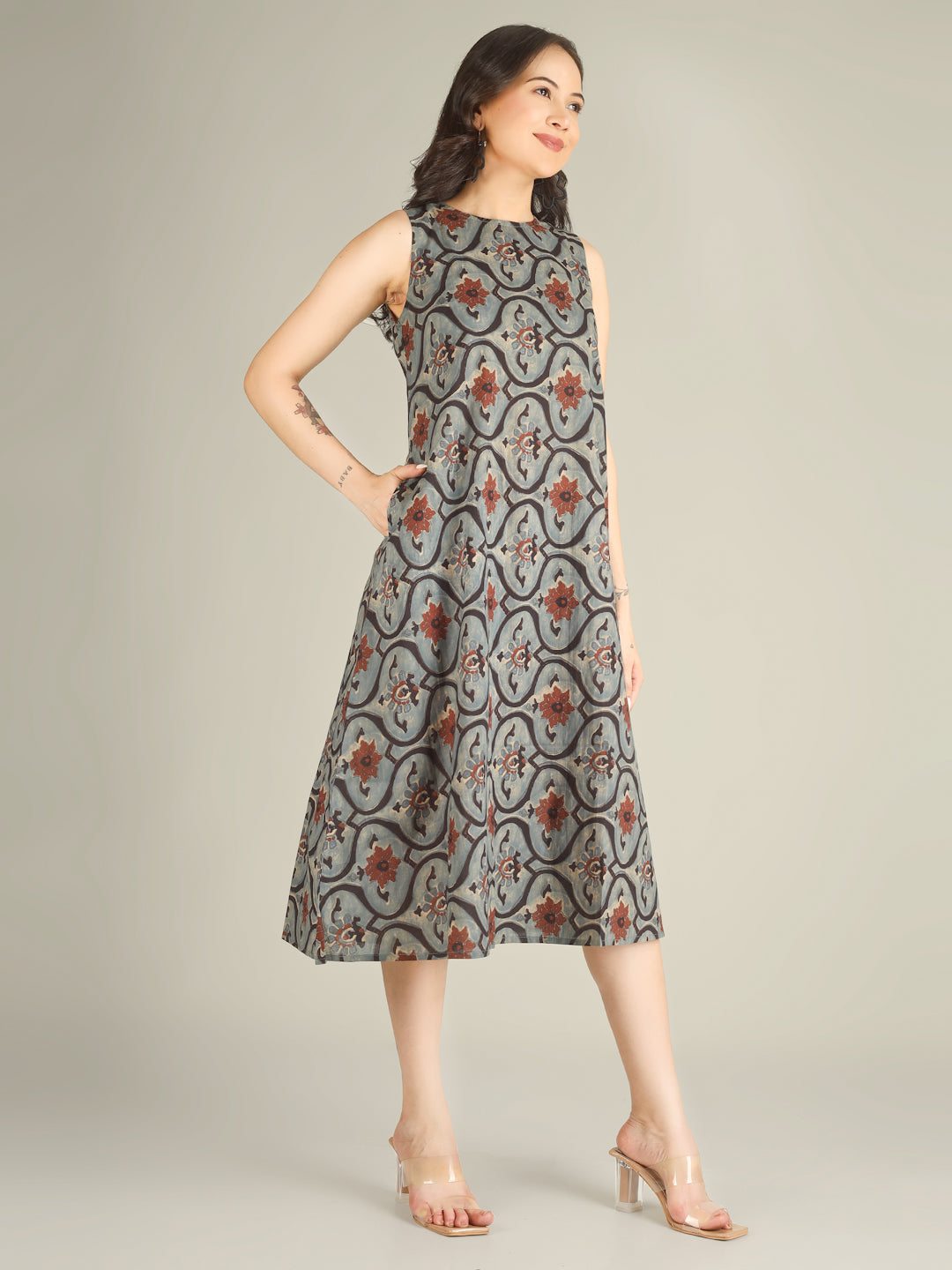Dusty Blue Printed Sleeveless A-Line Cotton Dress