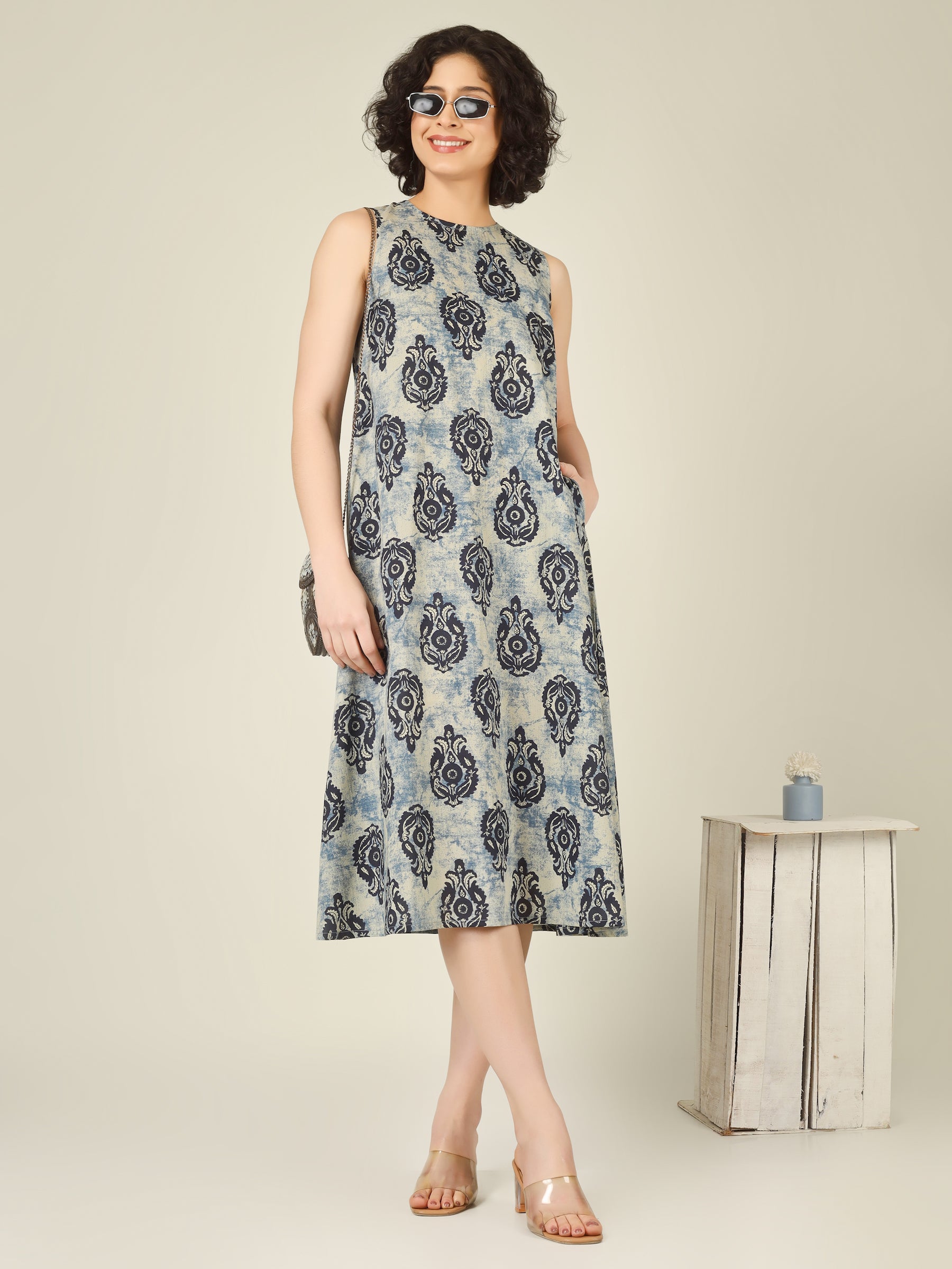 Off-Blue Printed Sleeveless A-Line Cotton Dress