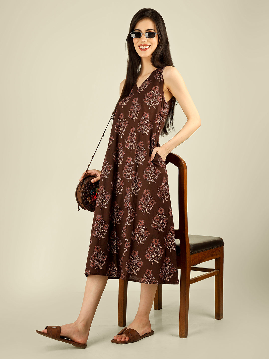 Brown Printed V-Neck Sleeveless A-Line Cotton Dress