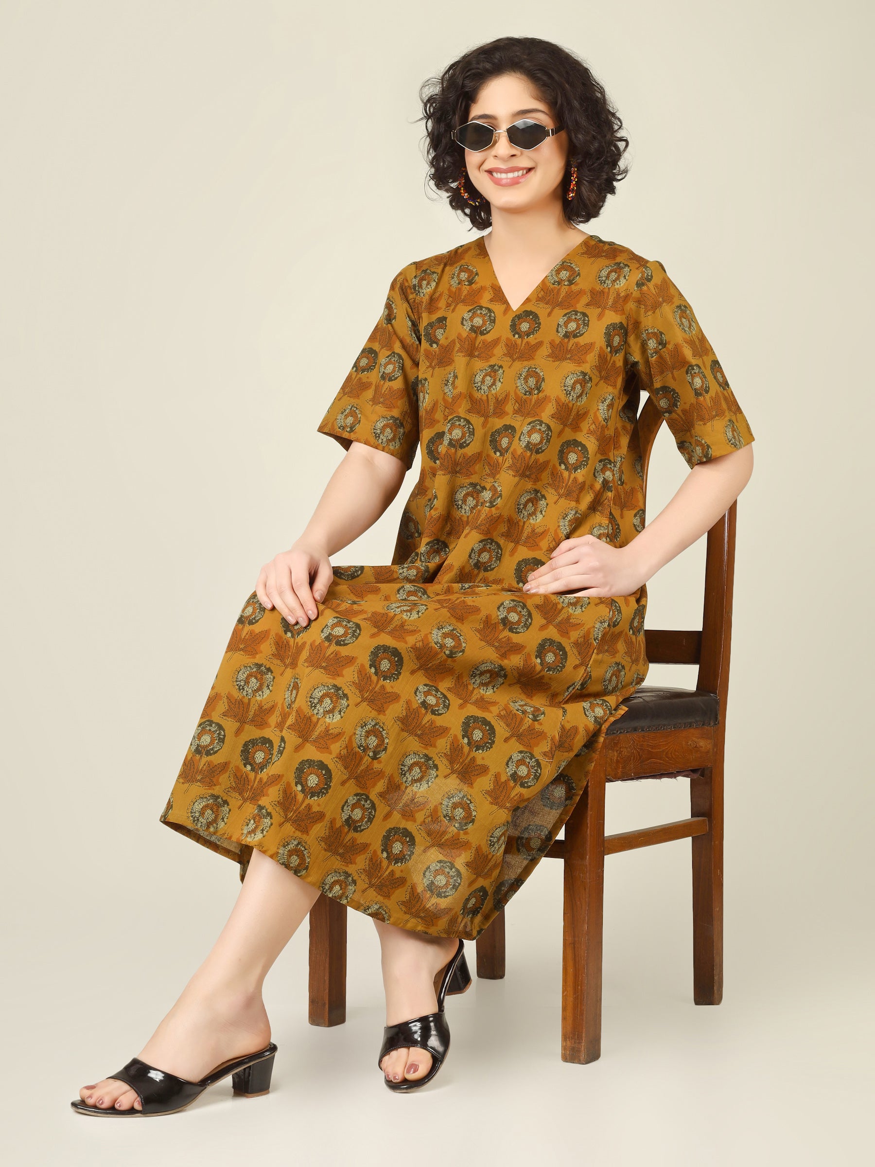 Mustard Printed Half-Sleeve A-Line Cotton Dress