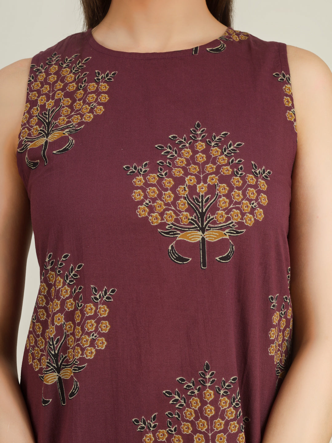 Purple Printed Sleeveless A-Line Cotton Dress