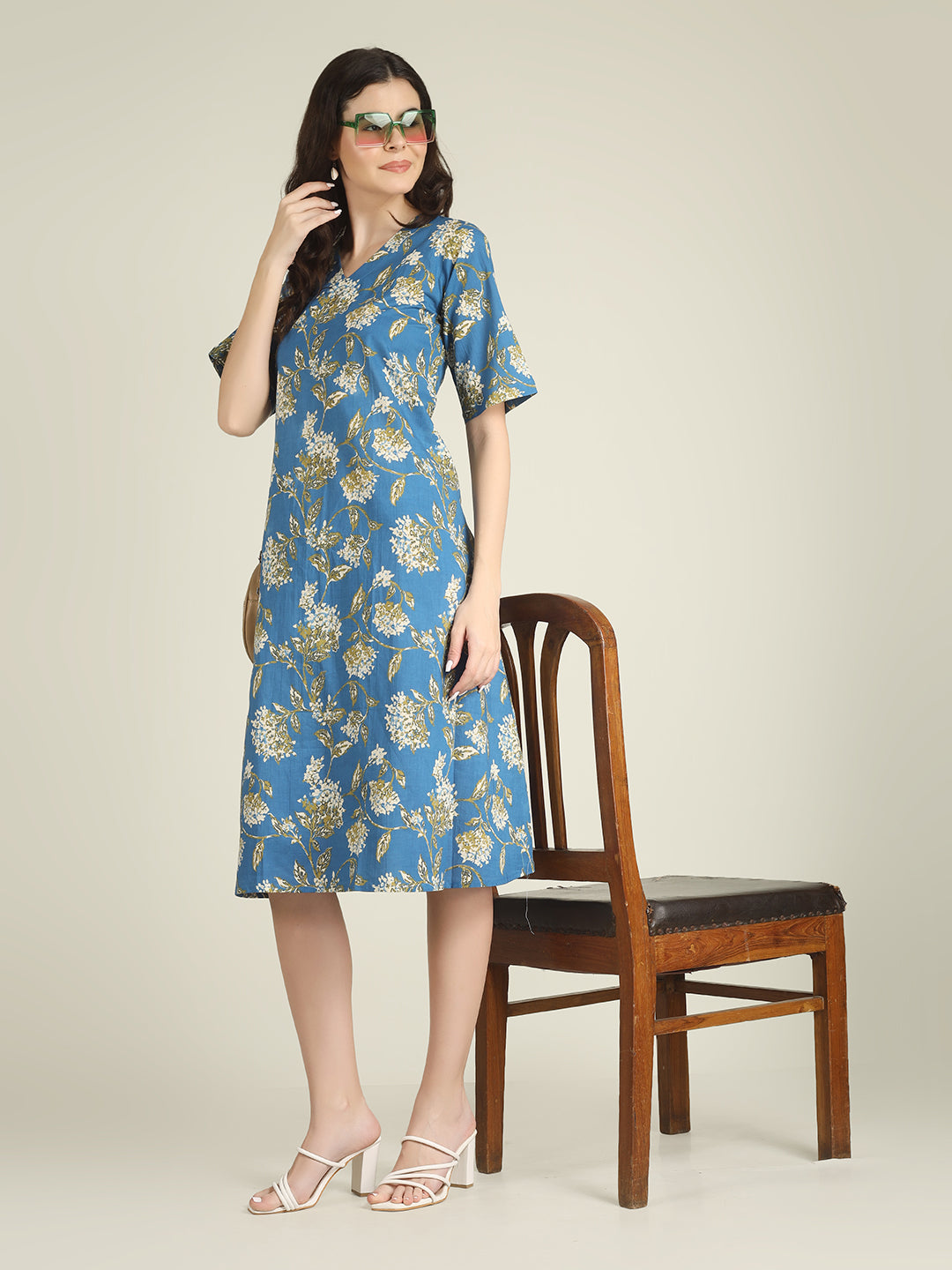 Blue Printed Half-Sleeve A-Line Cotton Dress