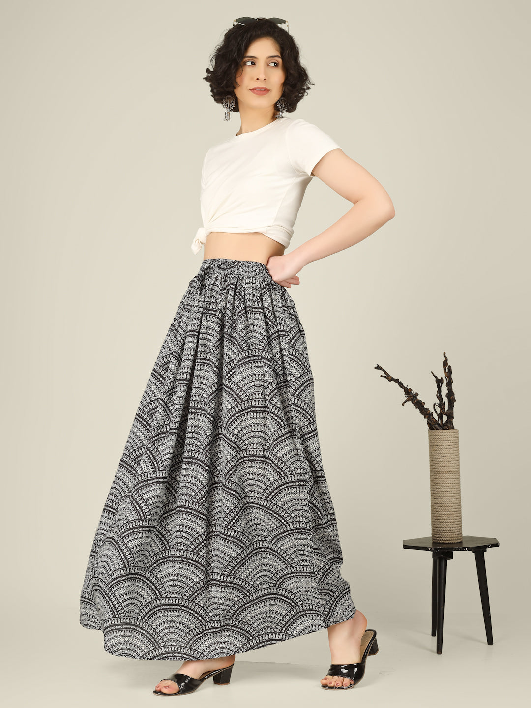 Black Printed Cotton Maxi Skirt