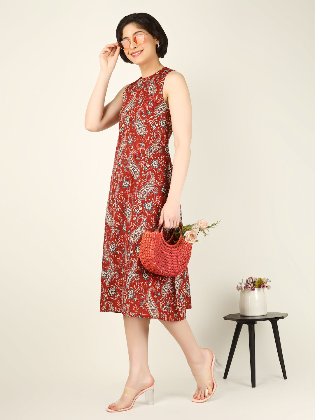 Maroon Printed Sleeveless A-Line Cotton Dress