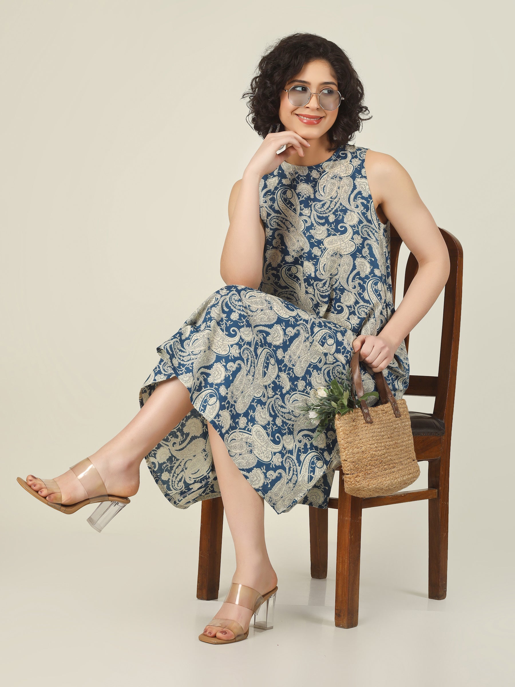 Blue Printed Sleeveless A-Line Cotton Dress