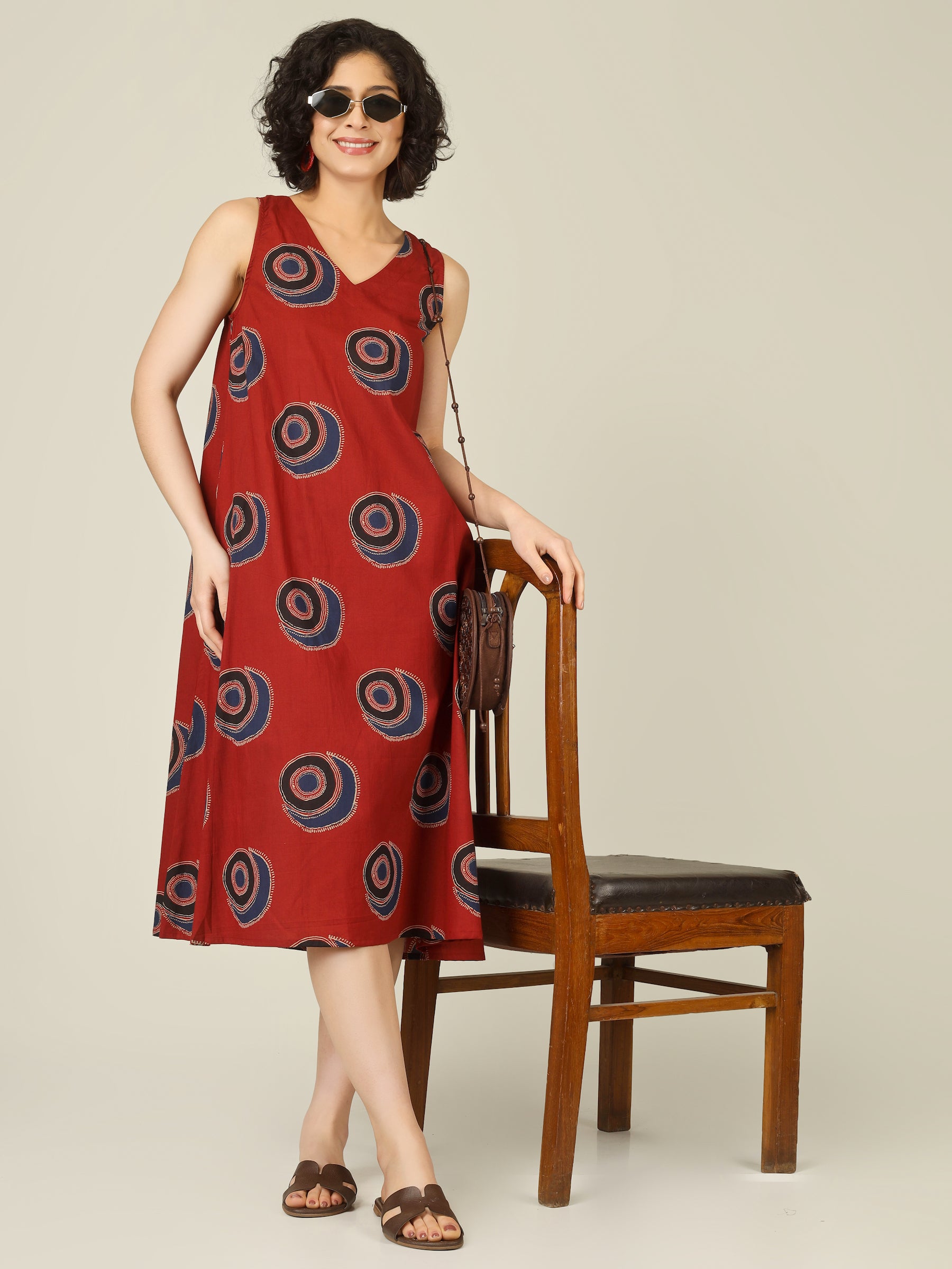 Maroon Printed V-Neck Sleeveless A-Line Cotton Dress