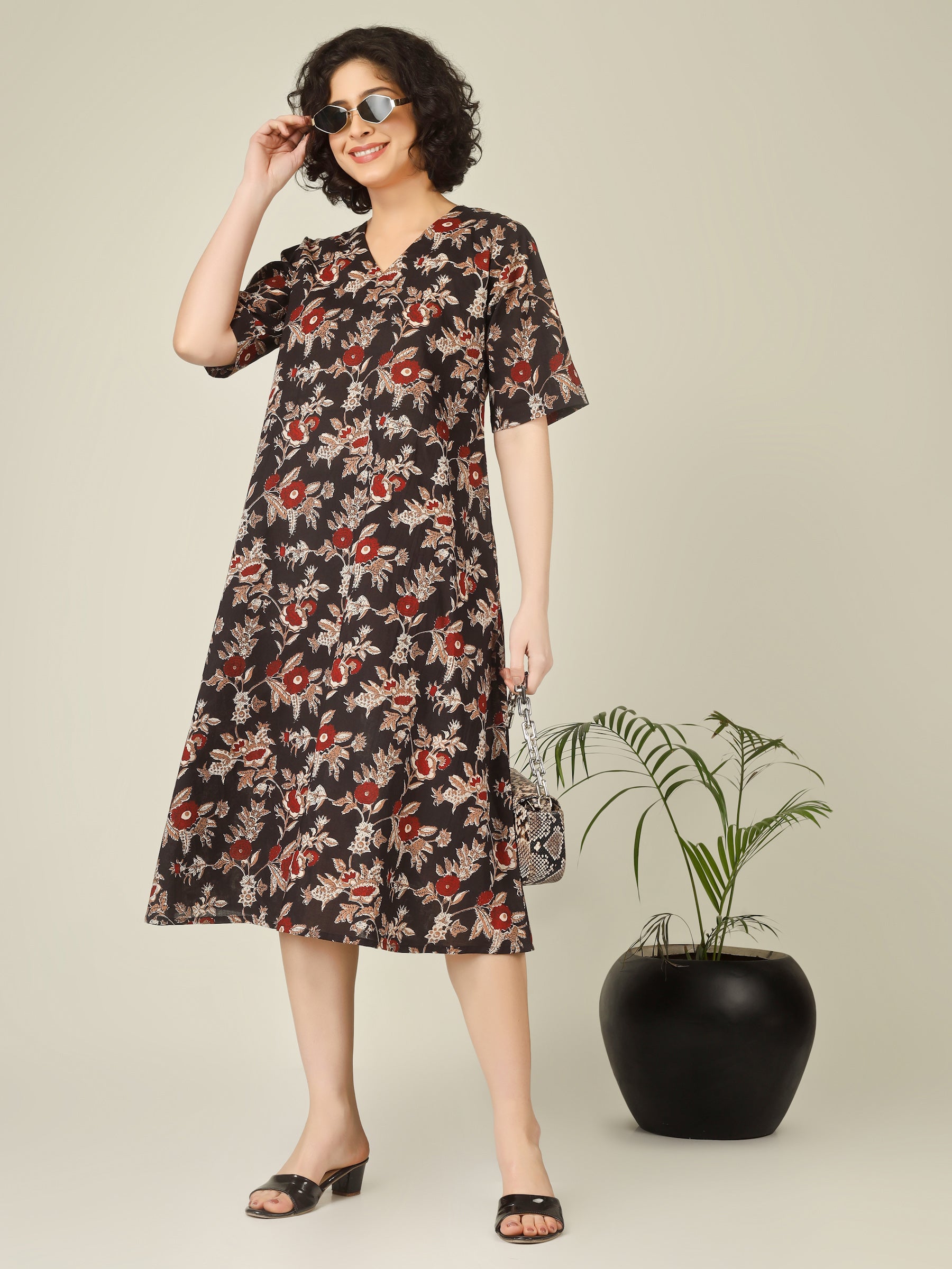 Black Printed Half-Sleeve A-Line Cotton Dress