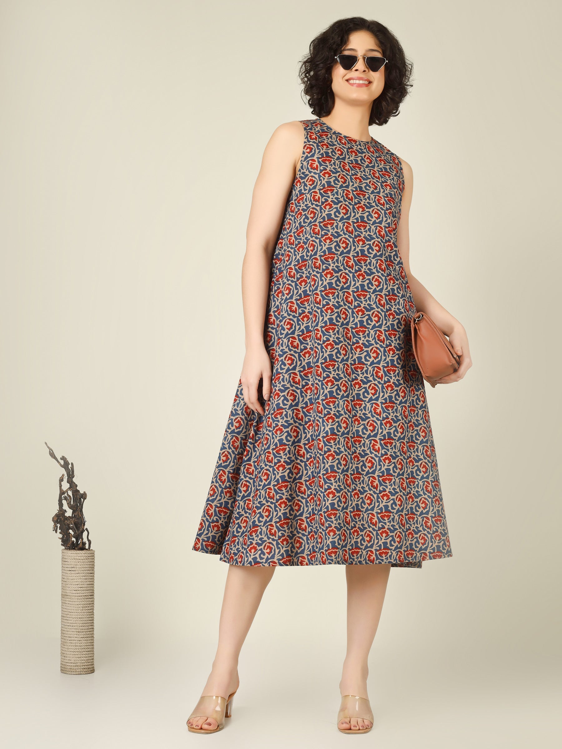 Blue Printed Sleeveless A-Line Cotton Dress