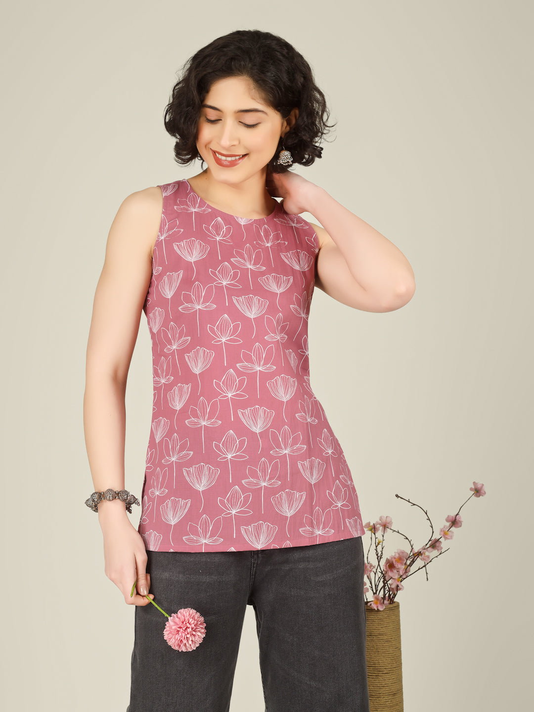Pink Printed Round Neck Sleeveless Cotton Top