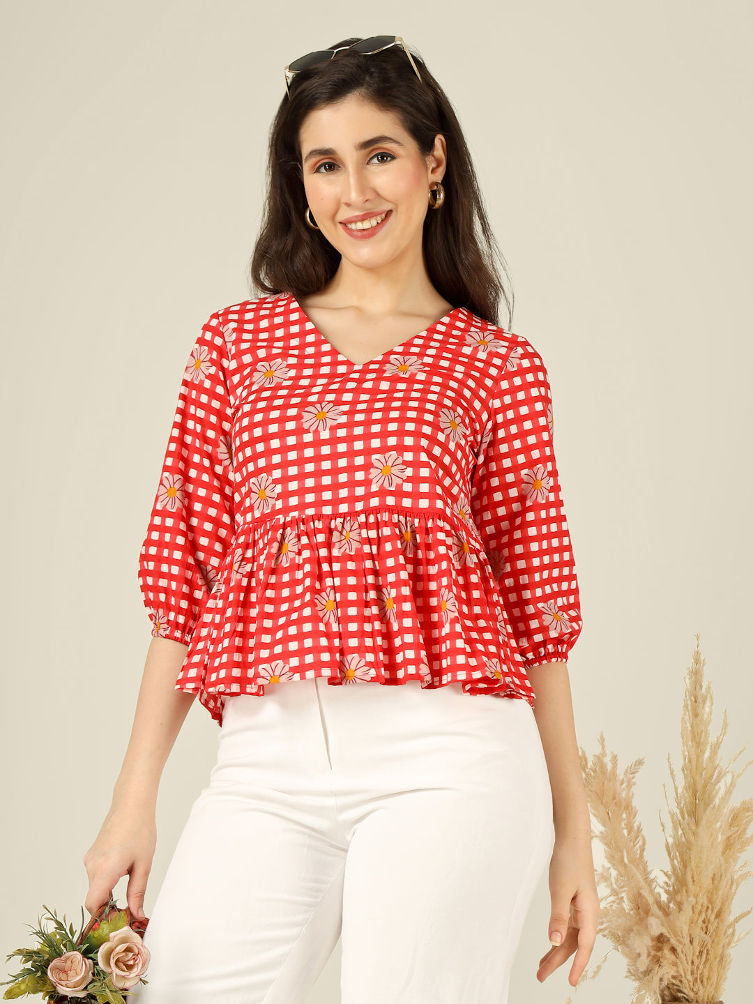 Red Checked Cotton Peplum Top