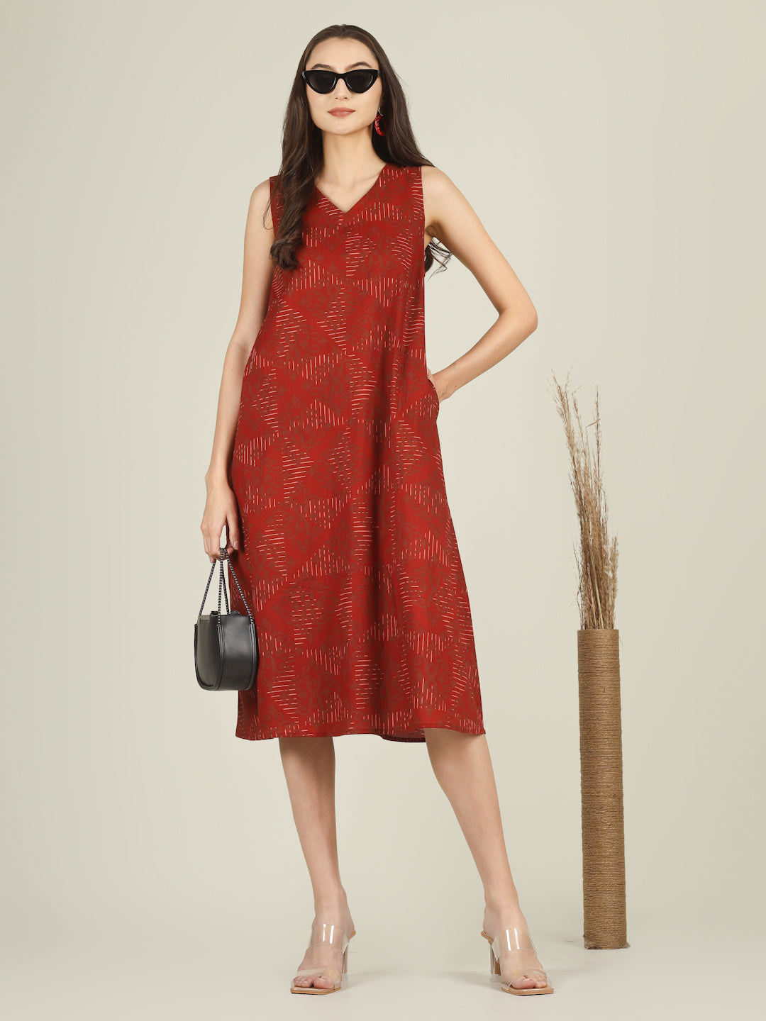 Red Printed V-Neck Sleeveless A-Line Cotton Dress