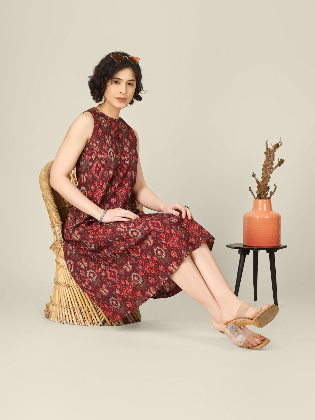 Wine Printed Sleeveless A-Line Cotton Dress