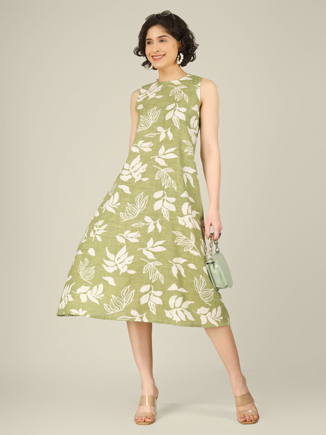 Sage Green Printed Sleeveless A-Line Cotton Dress