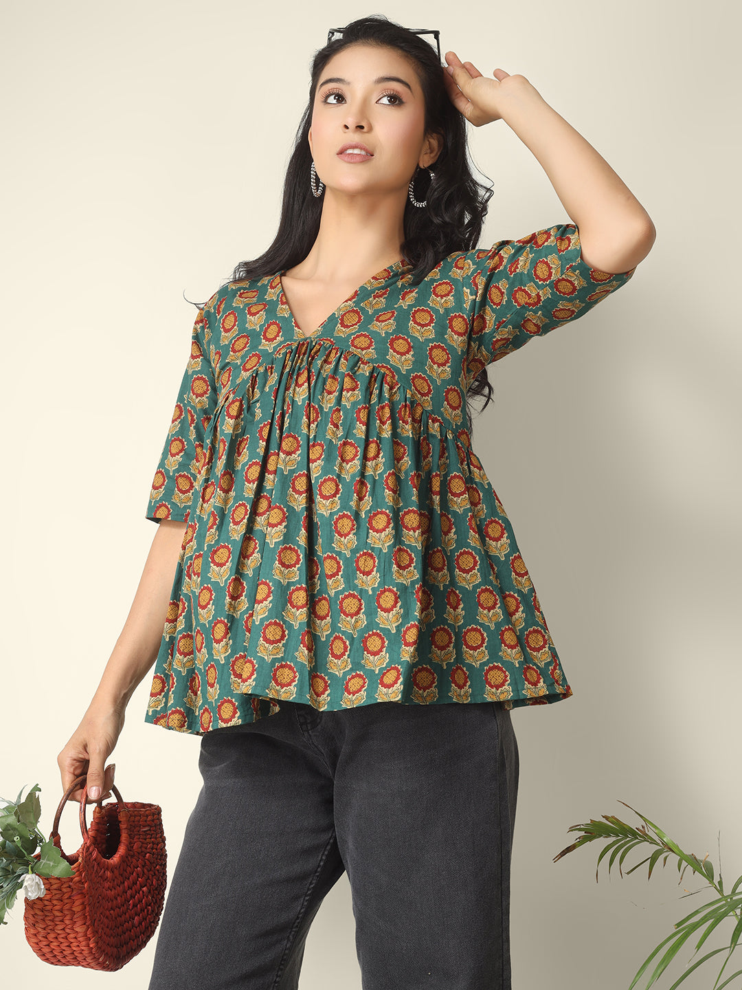 Green Printed Half-Sleeve Alia-Cut Cotton Peplum Top