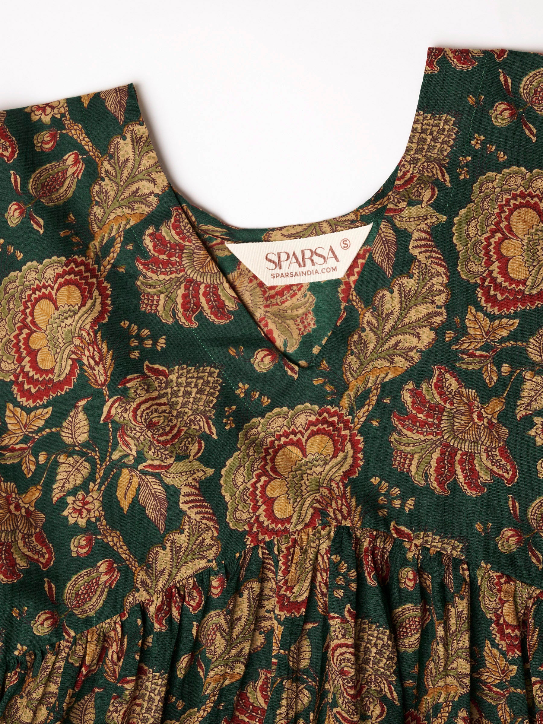 Dark Green Printed Alia-Cut Cotton Top
