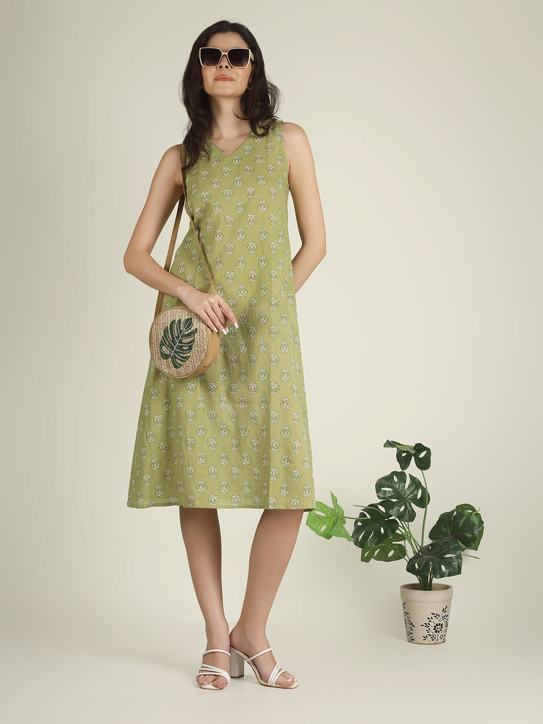 Green Printed Sleeveless V-Neck A-Line Cotton Dress