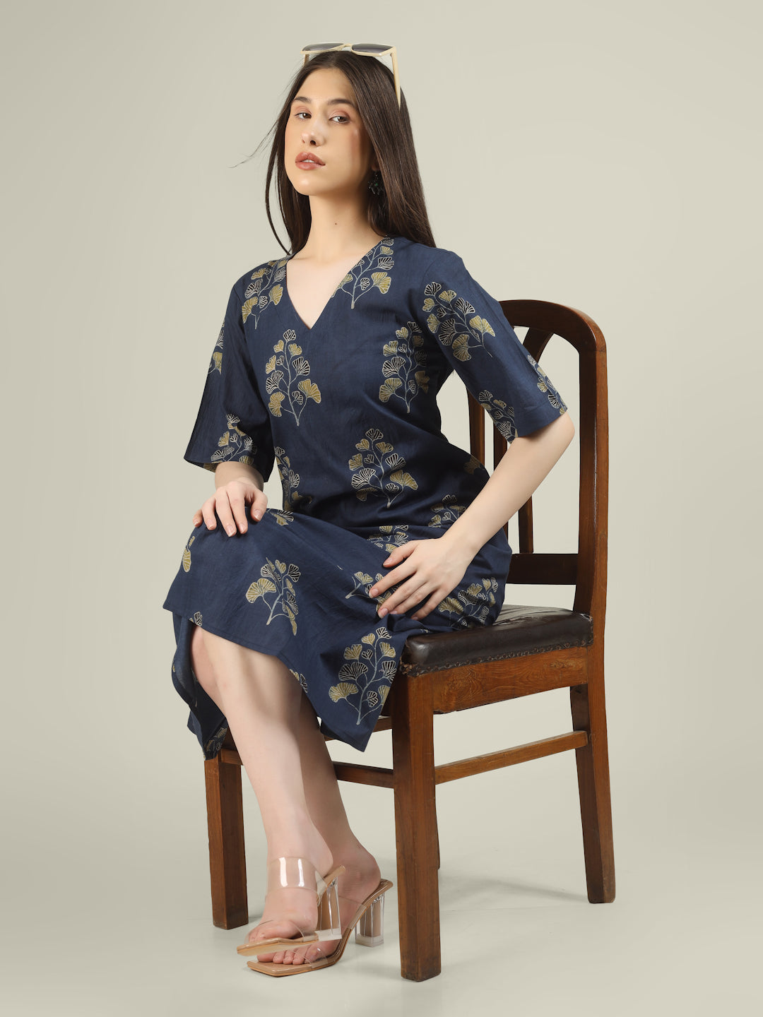 Blue Printed Half-Sleeve A-Line Cotton Dress