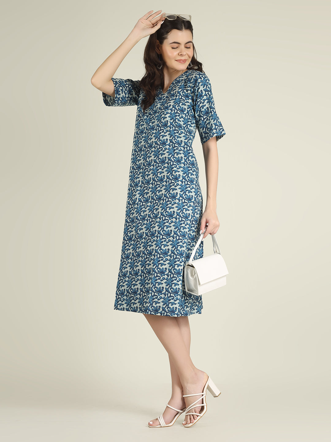 Blue Printed Half-Sleeve A-Line Cotton Dress