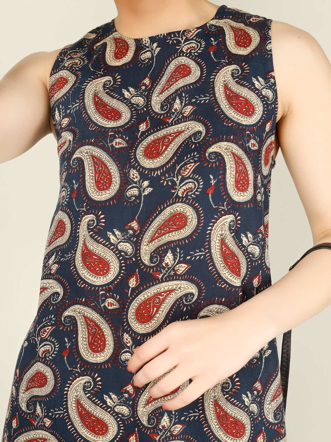 Navy Blue Printed Sleeveless A-Line Cotton Dress