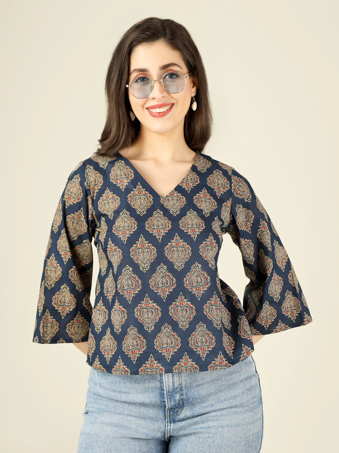 Navy Blue Printed Straight Bell-Sleeves Top