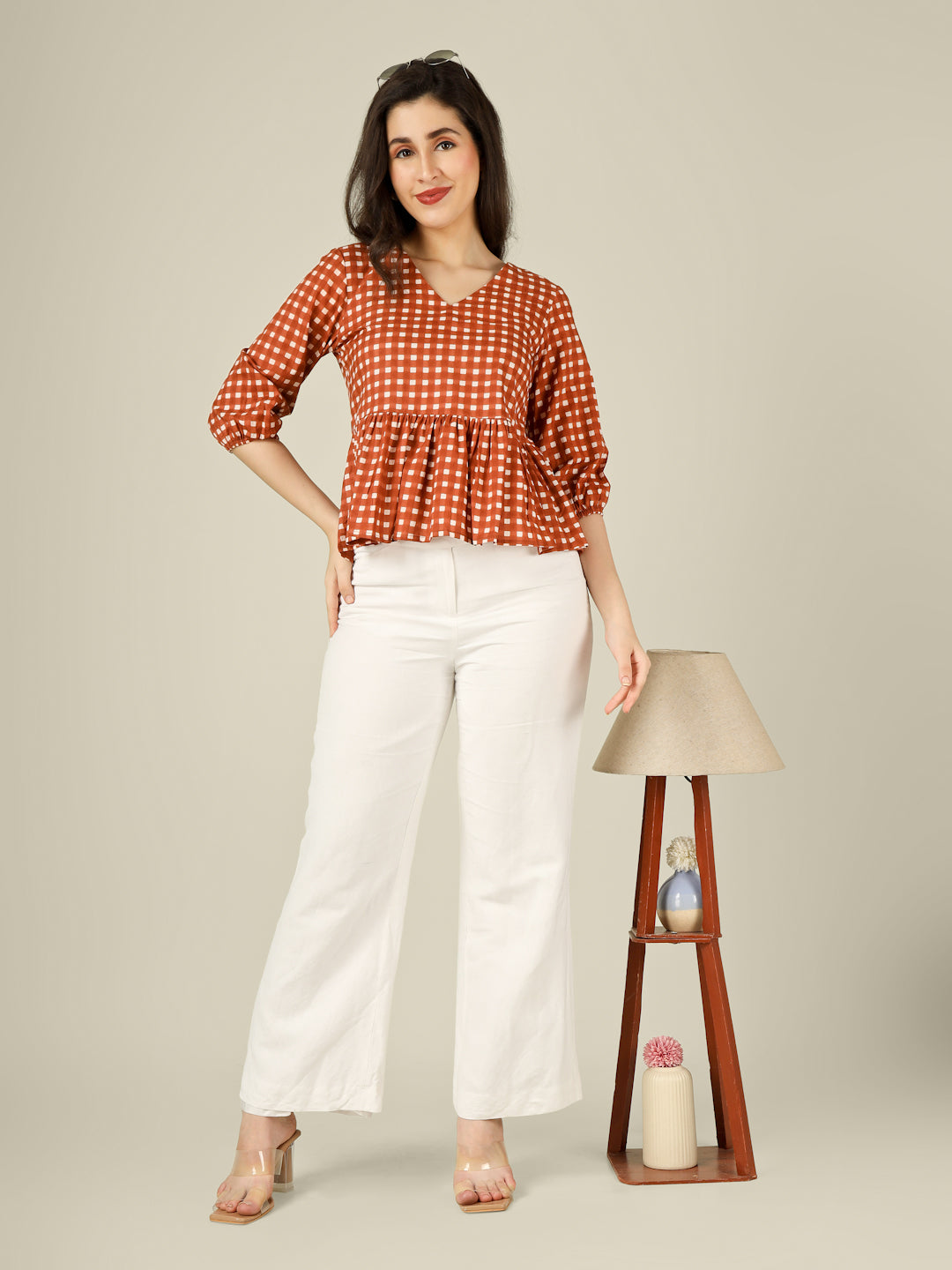 Brown Checked Cotton Peplum Top