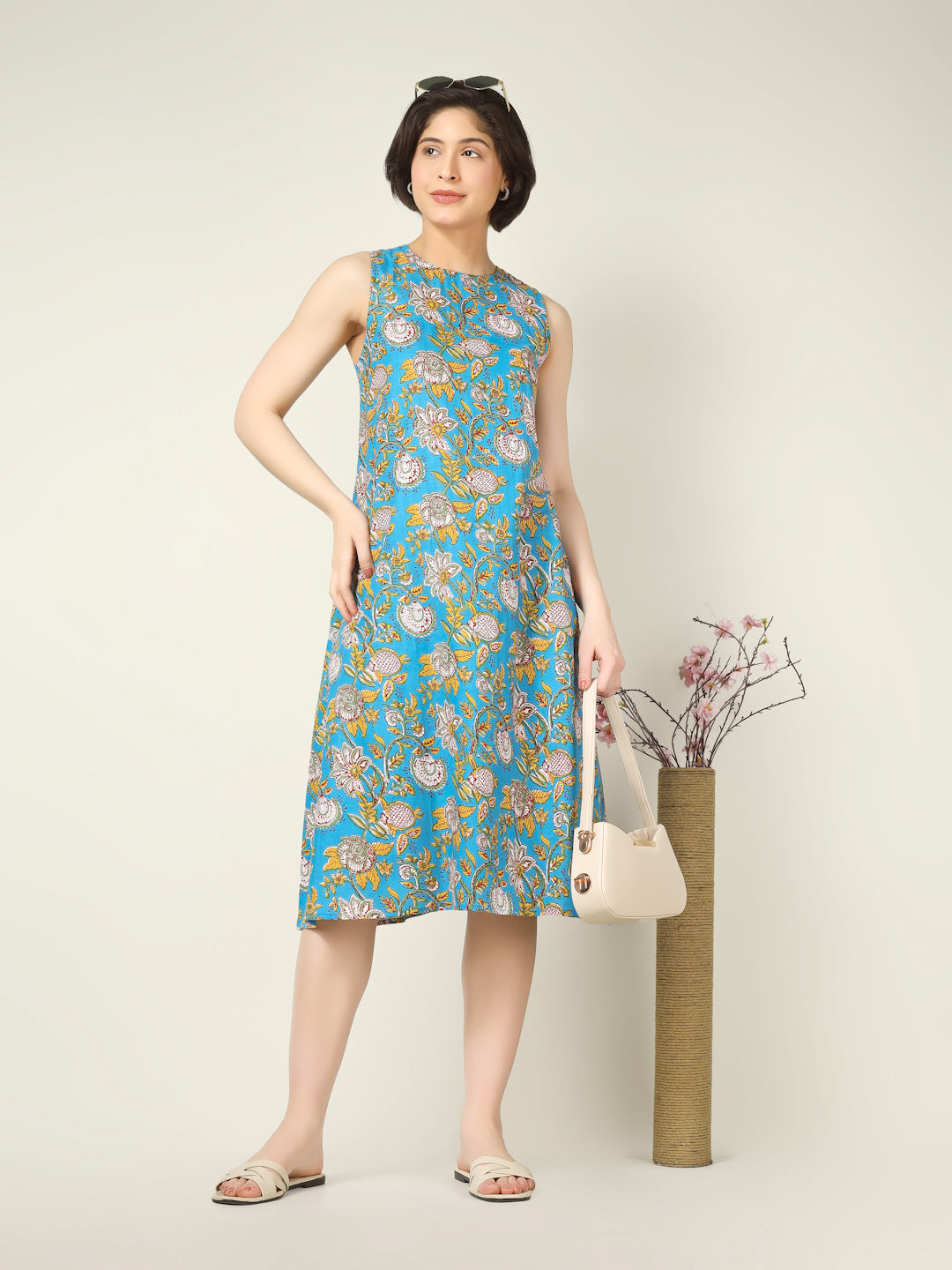 Sky Blue Printed Sleeveless A-Line Cotton Dress