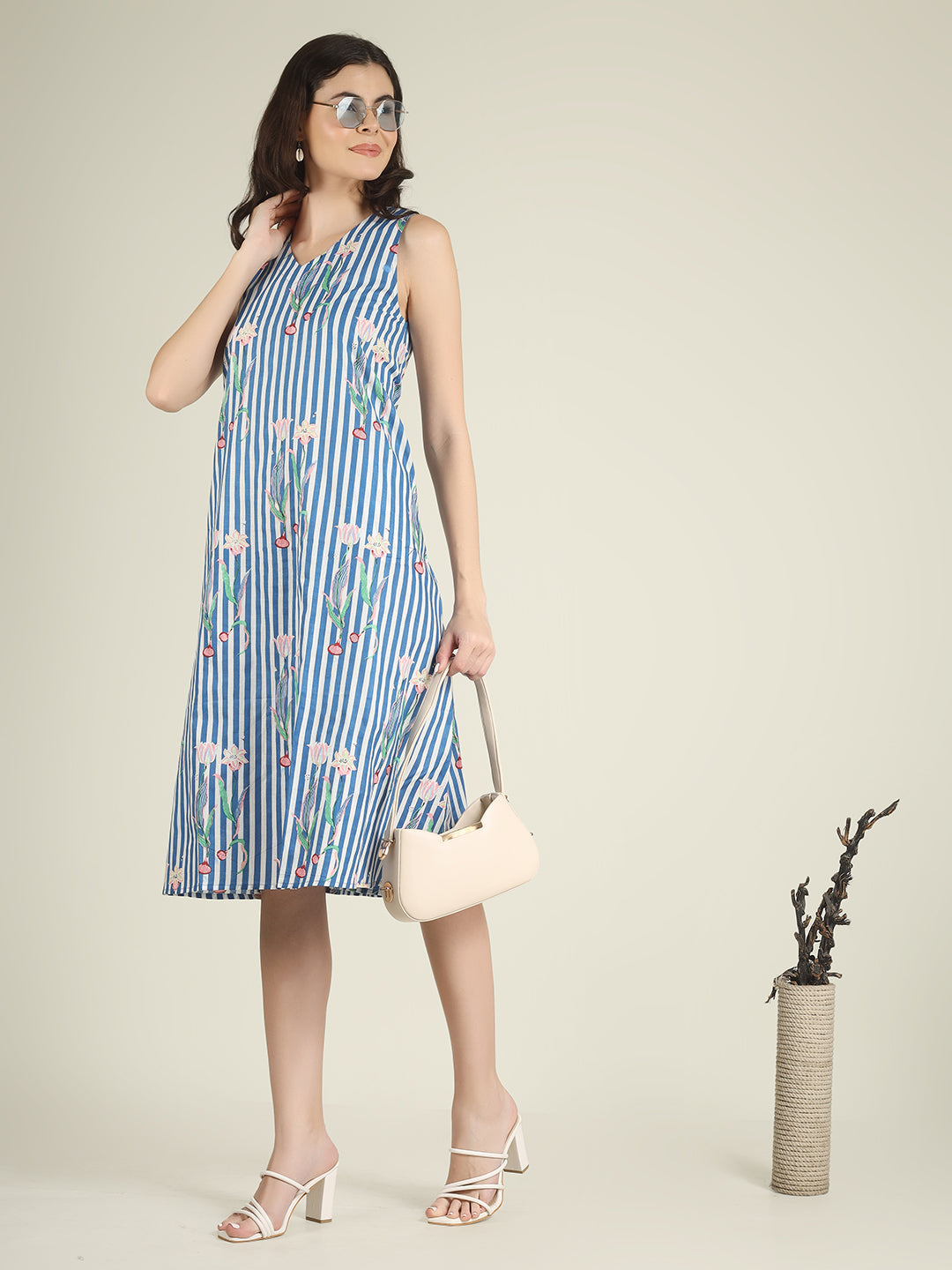 Sky Blue Striped Sleeveless V-Neck A-Line Cotton Dress