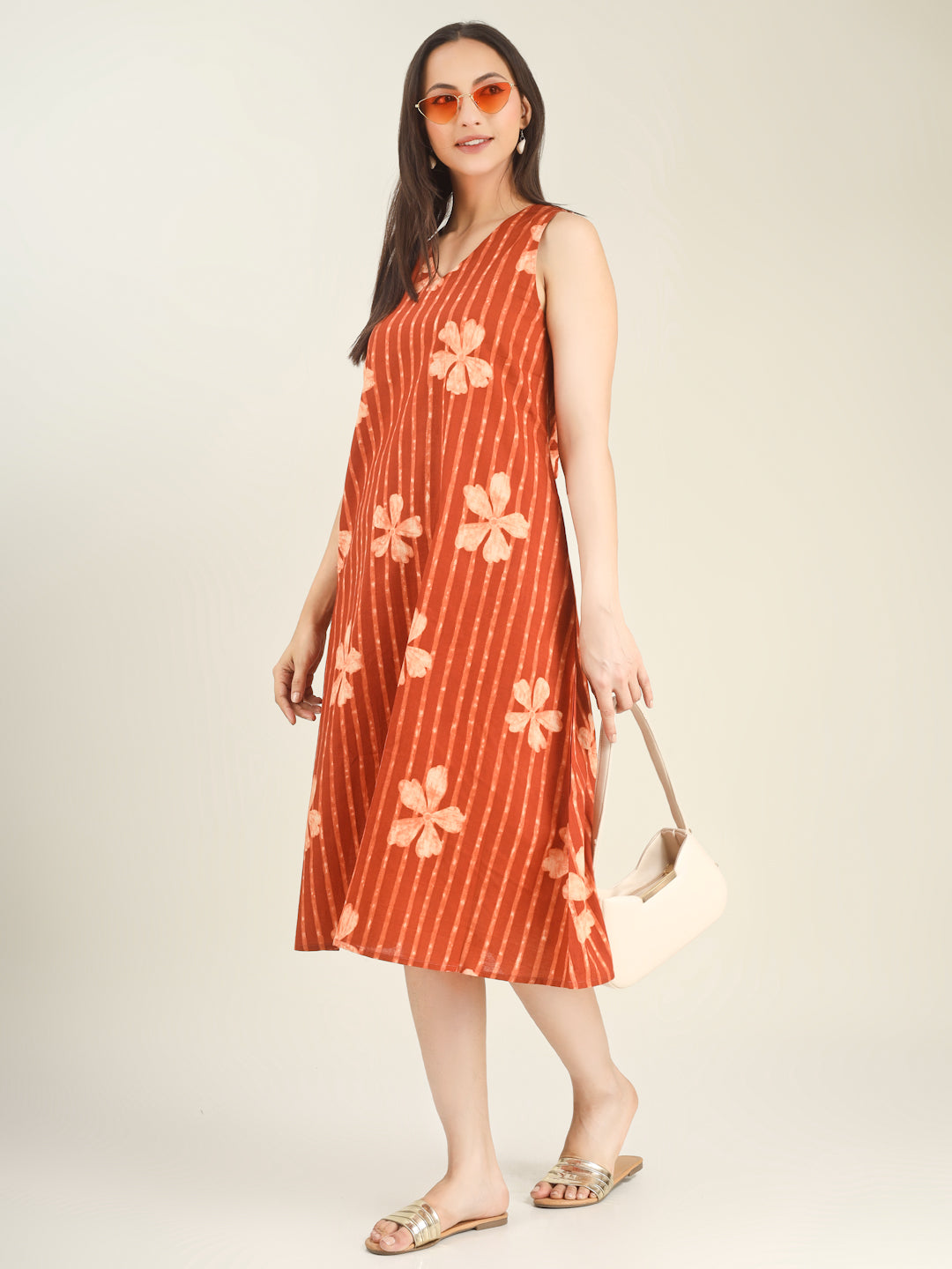 Orange Printed Sleeveless V-Neck A-Line Cotton Dress