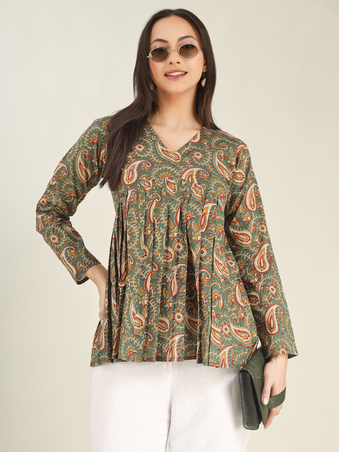 Green Printed Full-Sleeves Alia-Cut Cotton Top