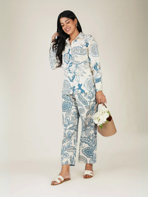 White & Blue Printed Cotton Co-ord Set