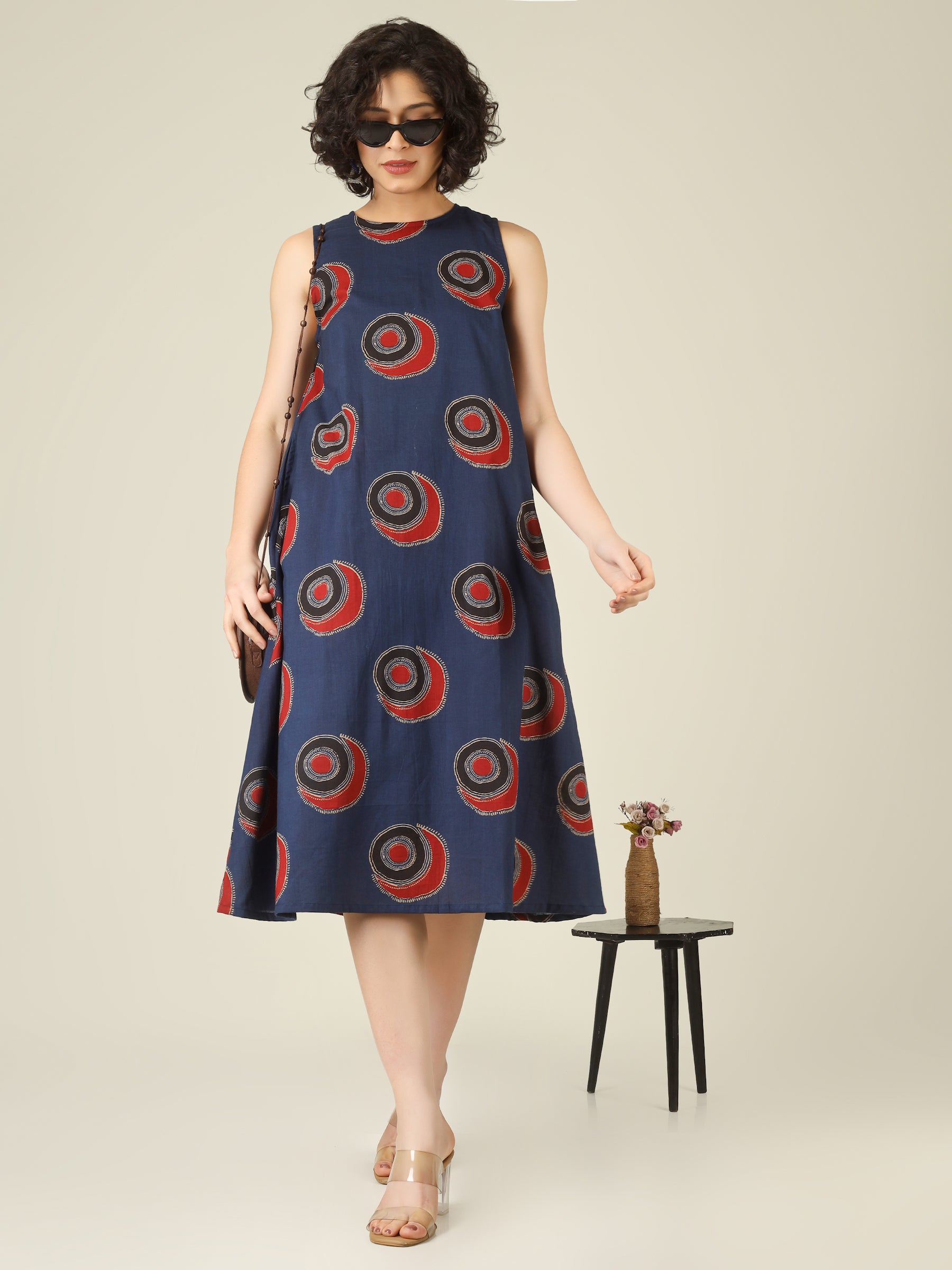 Blue Printed Sleeveless A-Line Cotton Dress
