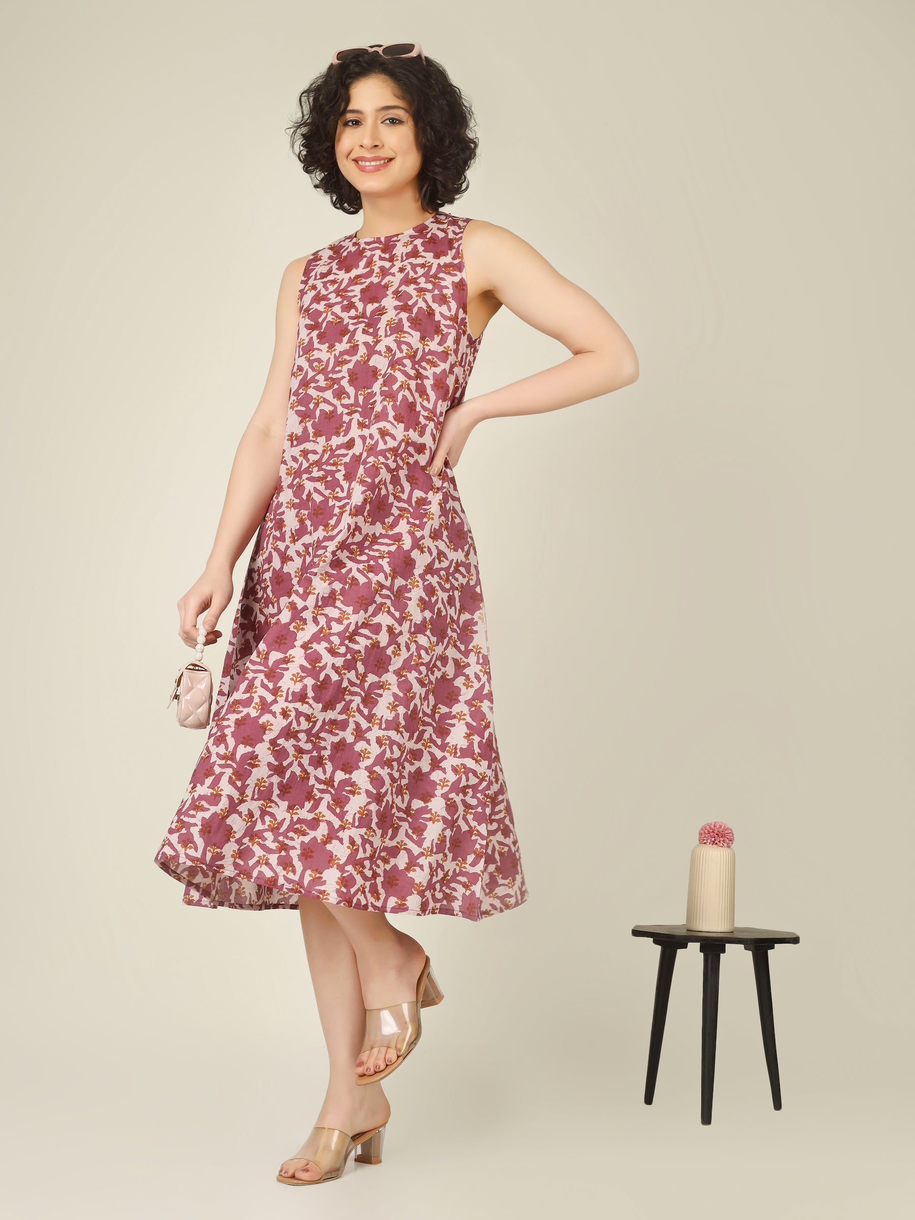 White Printed Sleeveless A-Line Cotton Dress