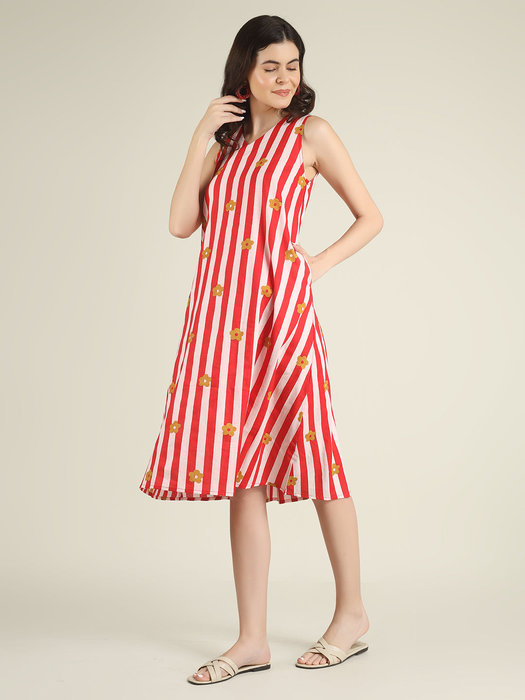 Red Striped Sleeveless V-Neck A-Line Cotton Dress