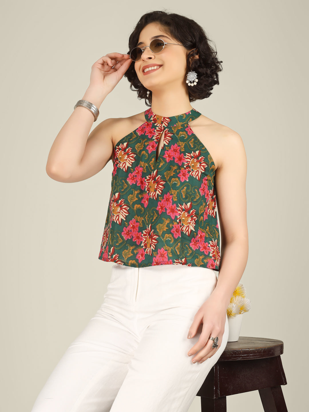 Dark Green Printed Halter Neck Sleeveless Cotton Top
