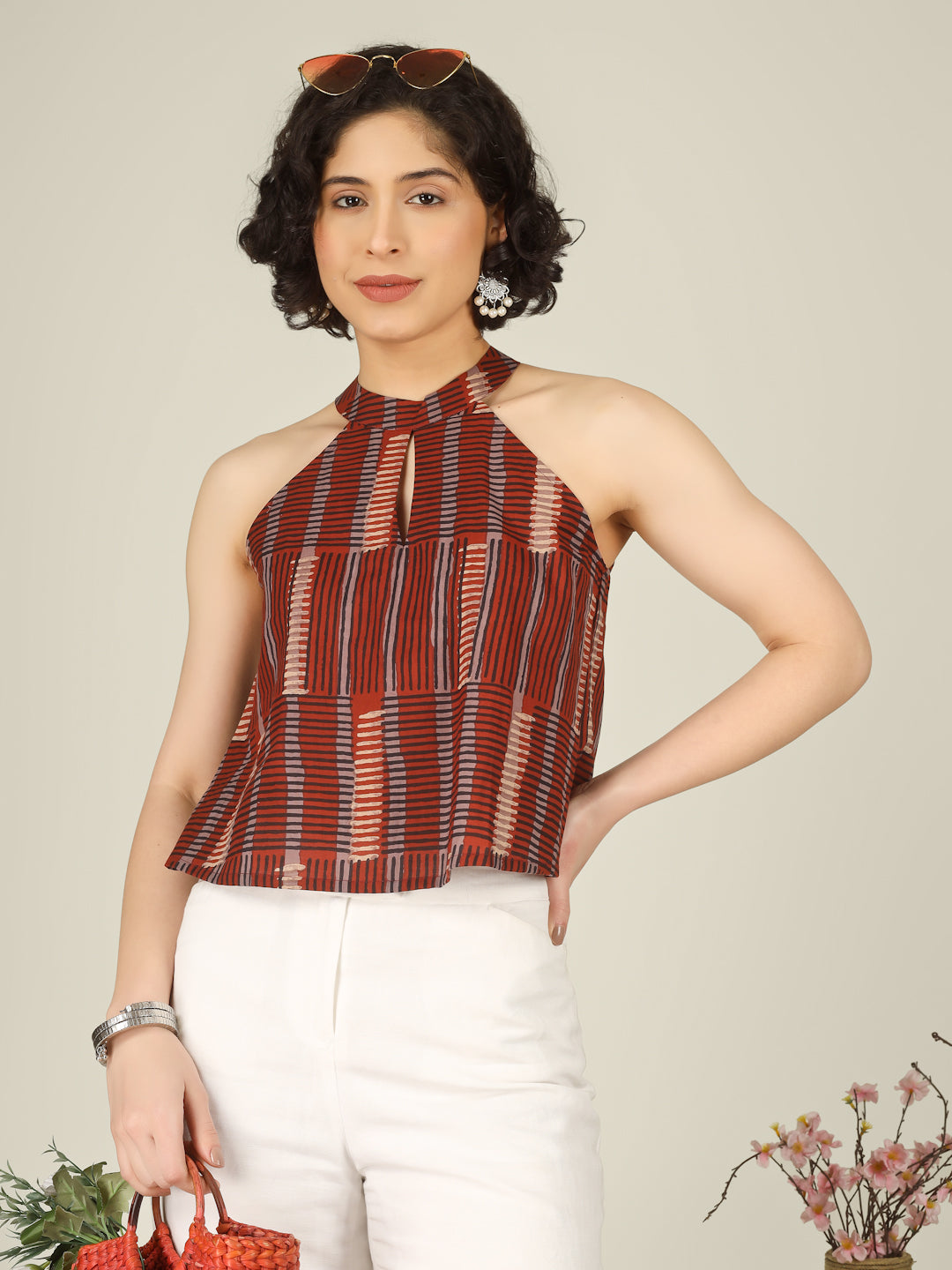 Rust Printed Halter Neck Sleeveless Cotton Top