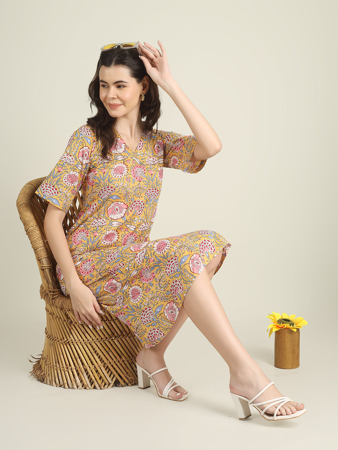 Yellow Printed Half-Sleeve A-Line Cotton Dress Yellow Printed Half-Sleeve A-Line Cotton Dress