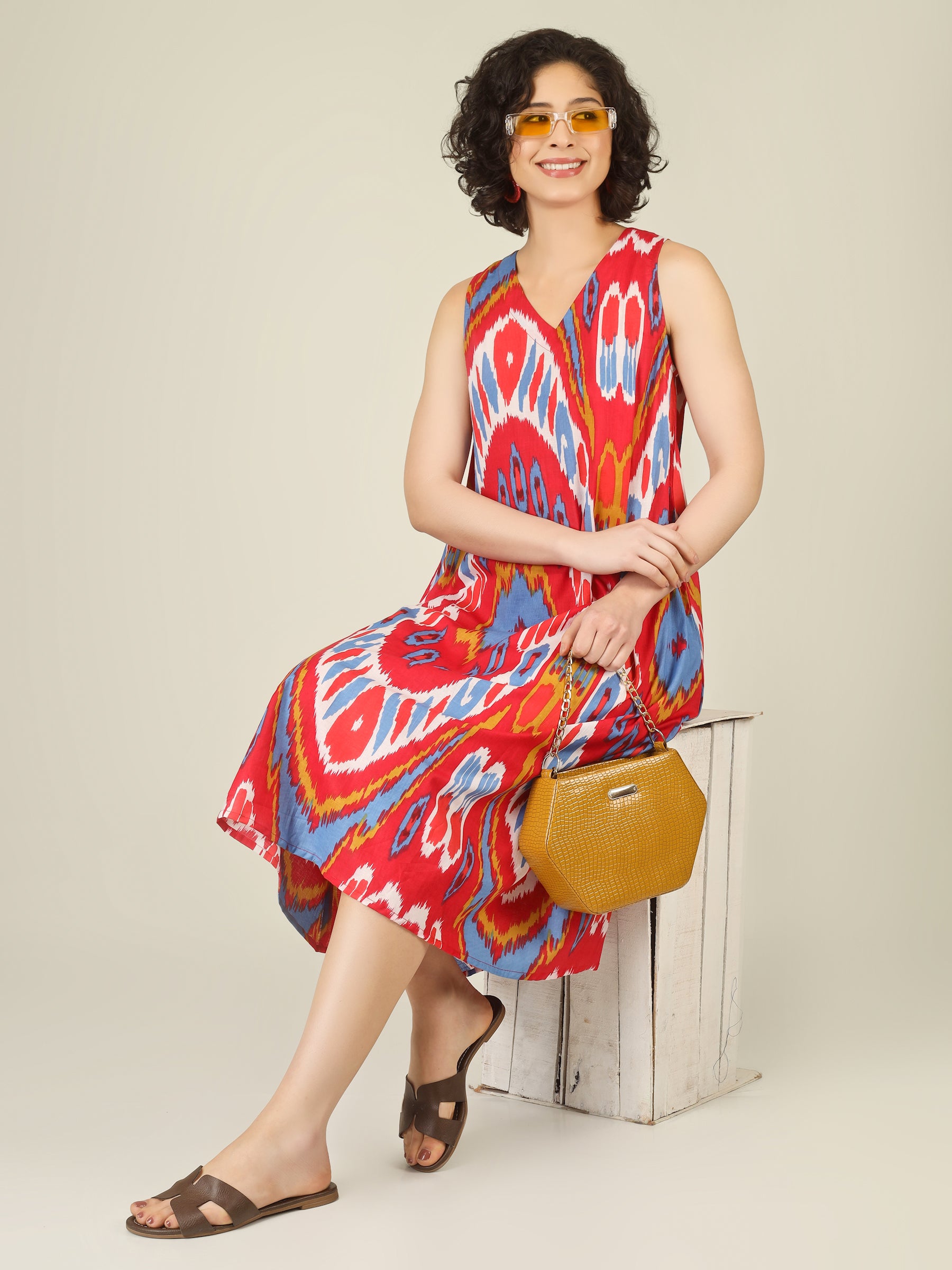 Red Printed V-Neck Sleeveless A-Line Cotton Dress