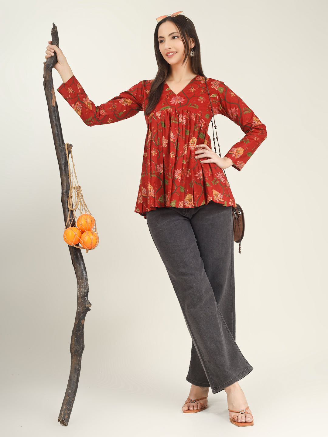 Red Printed Full-Sleeves Alia-Cut Cotton Top