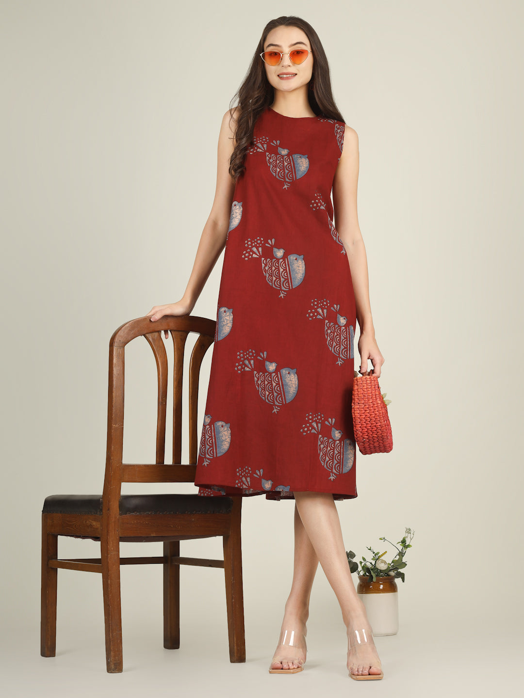 Red Printed Sleeveless A-Line Cotton Dress