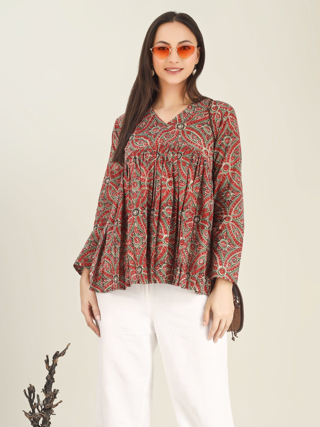 Maroon Printed Full-Sleeves Alia-Cut Cotton Top