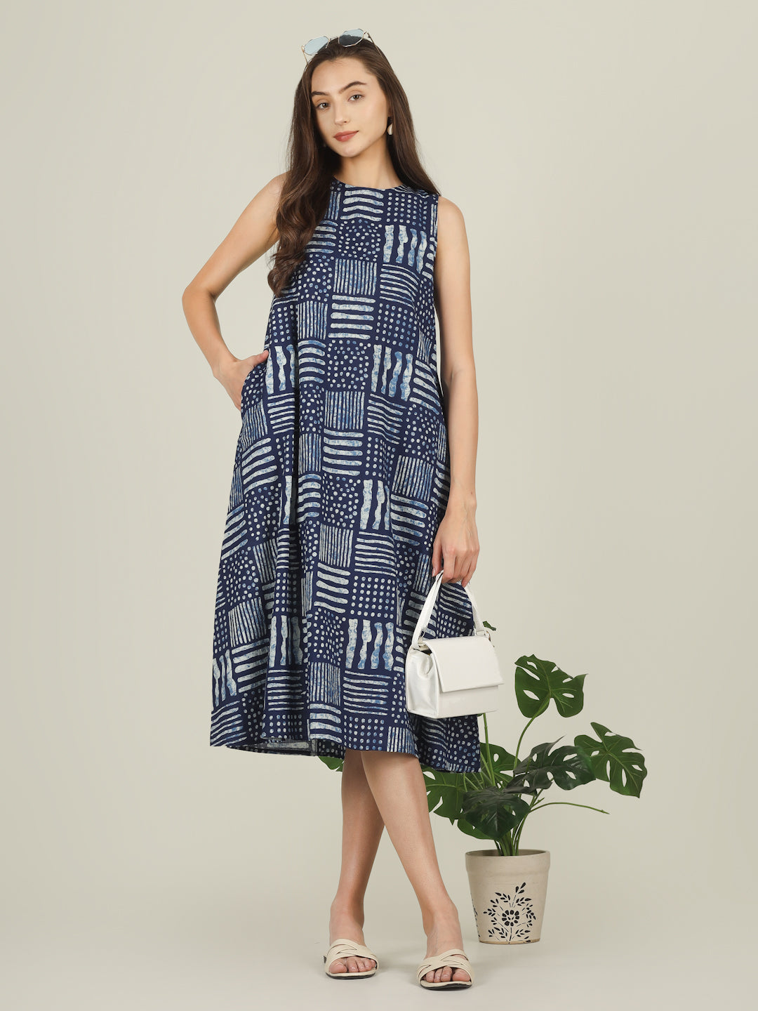 Blue Printed Sleeveless A-Line Cotton Dress