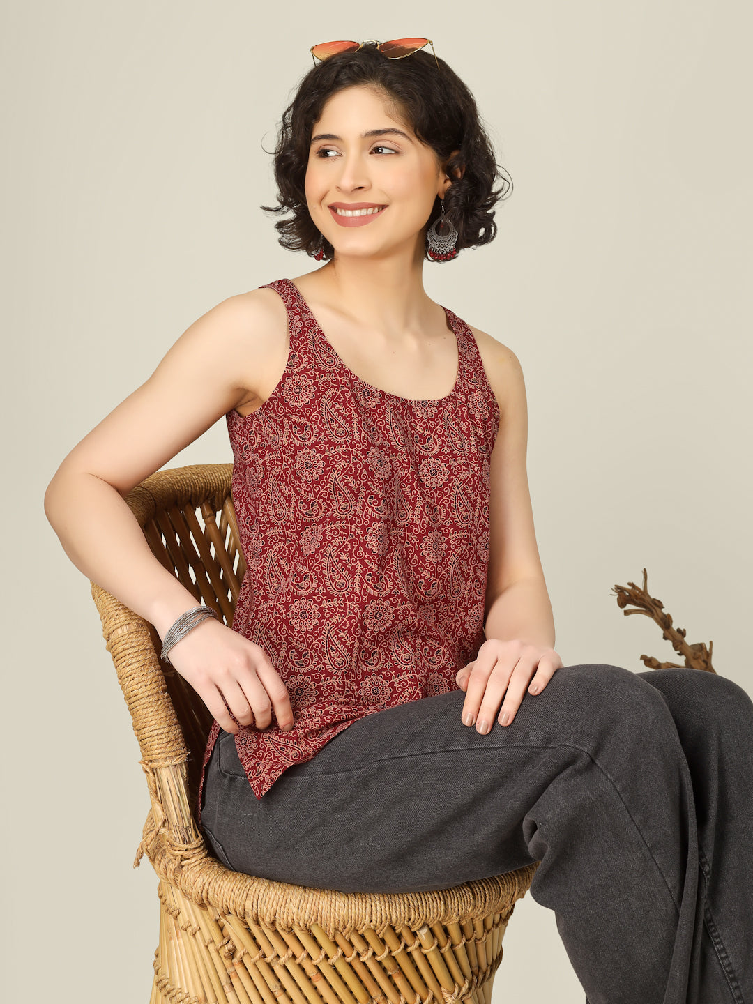 Maroon Printed Round Neck Sleeveless Cotton Top