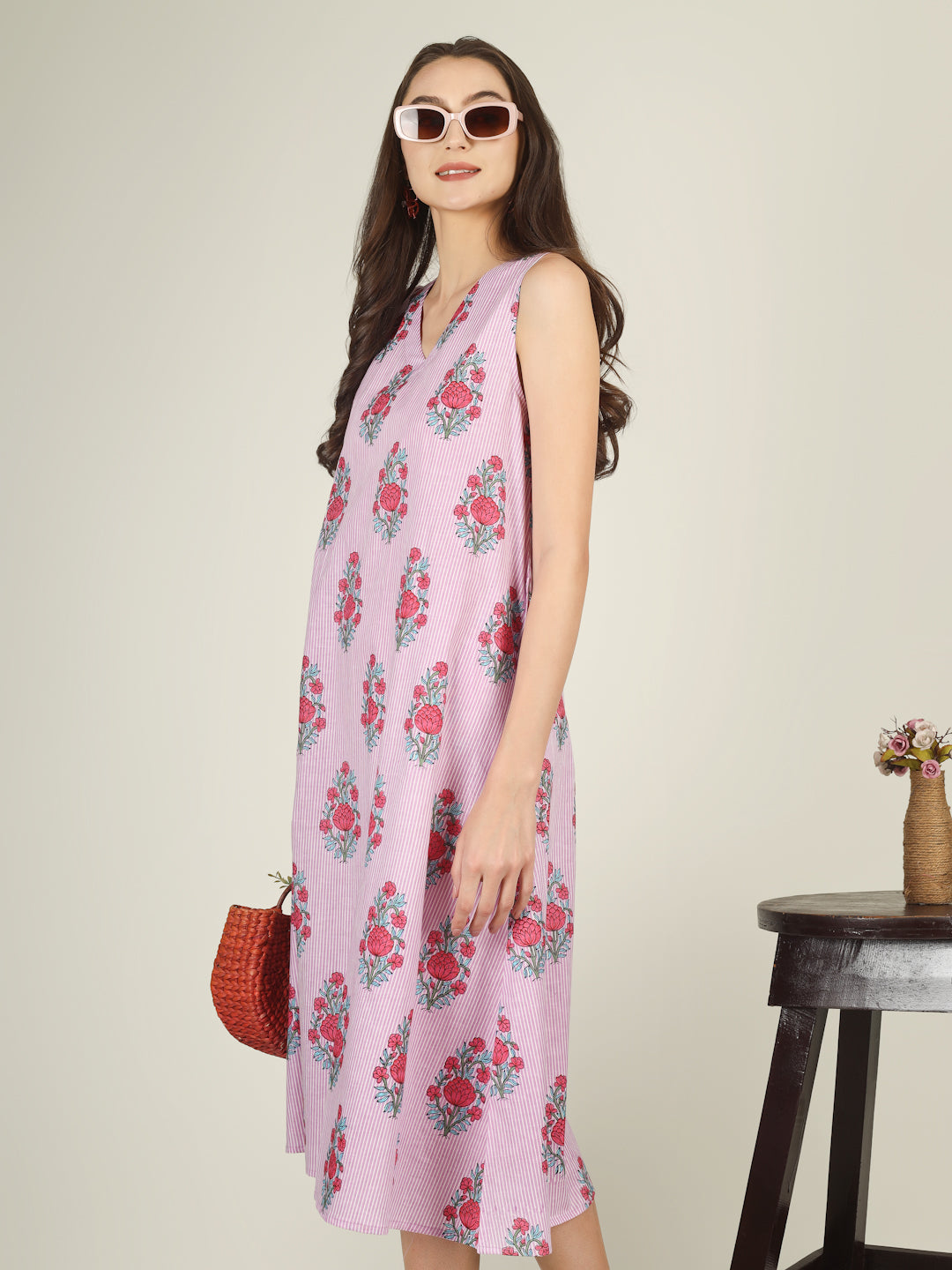 Baby Pink Striped V-Neck Sleeveless A-Line Cotton Dress