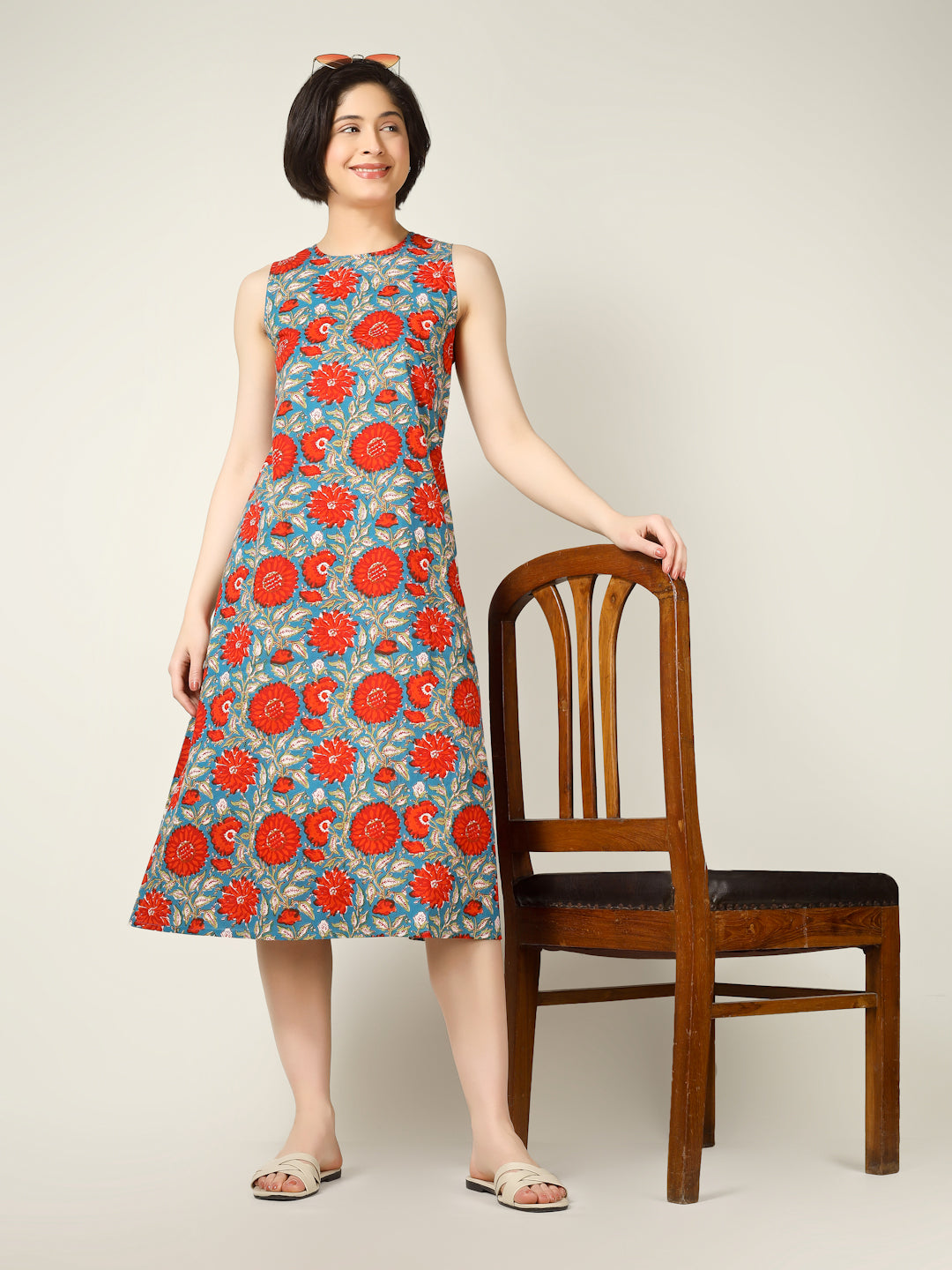 Blue Printed Sleeveless A-Line Cotton Dress