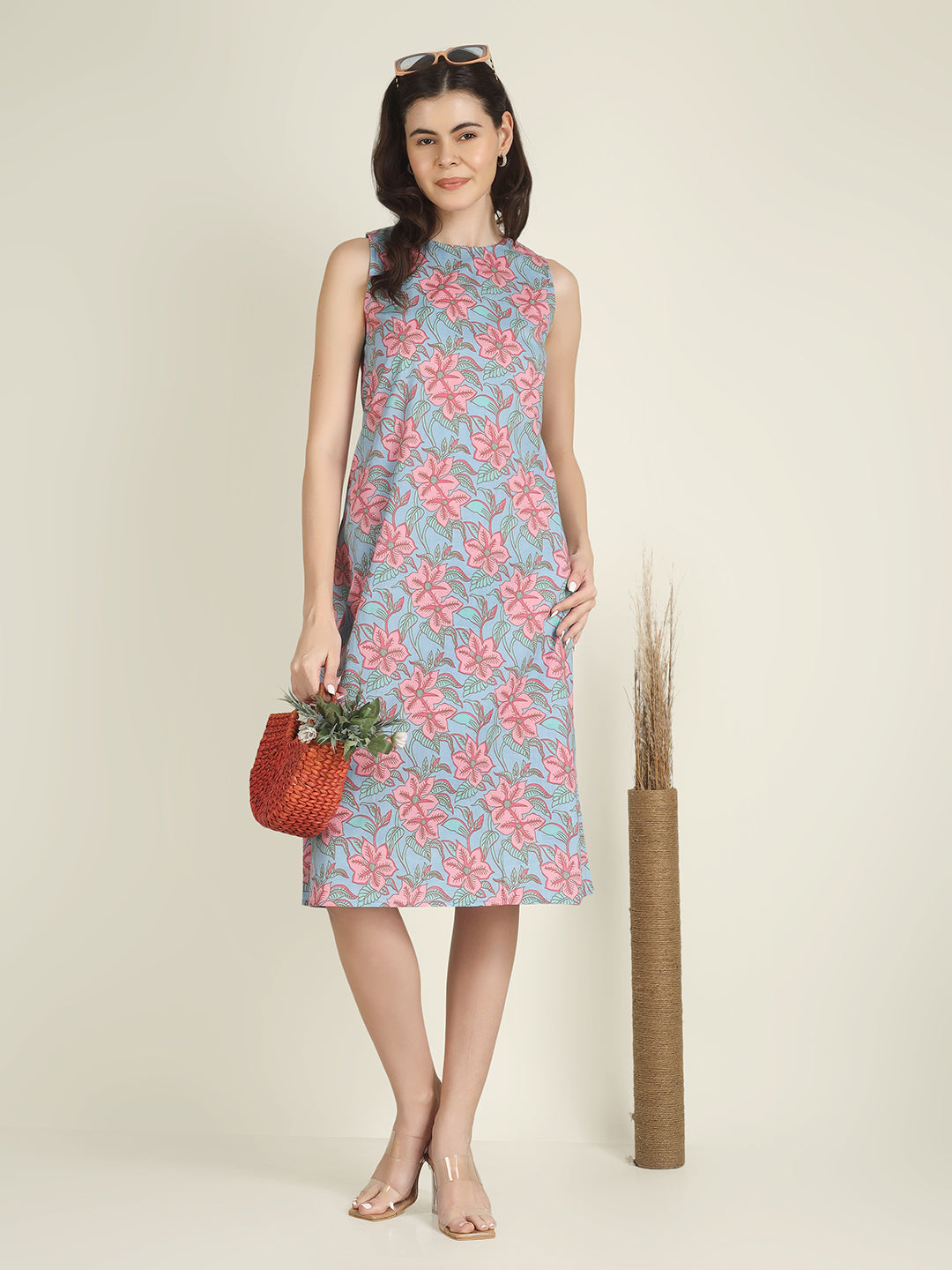 Sky Blue Printed Sleeveless A-Line Cotton Dress