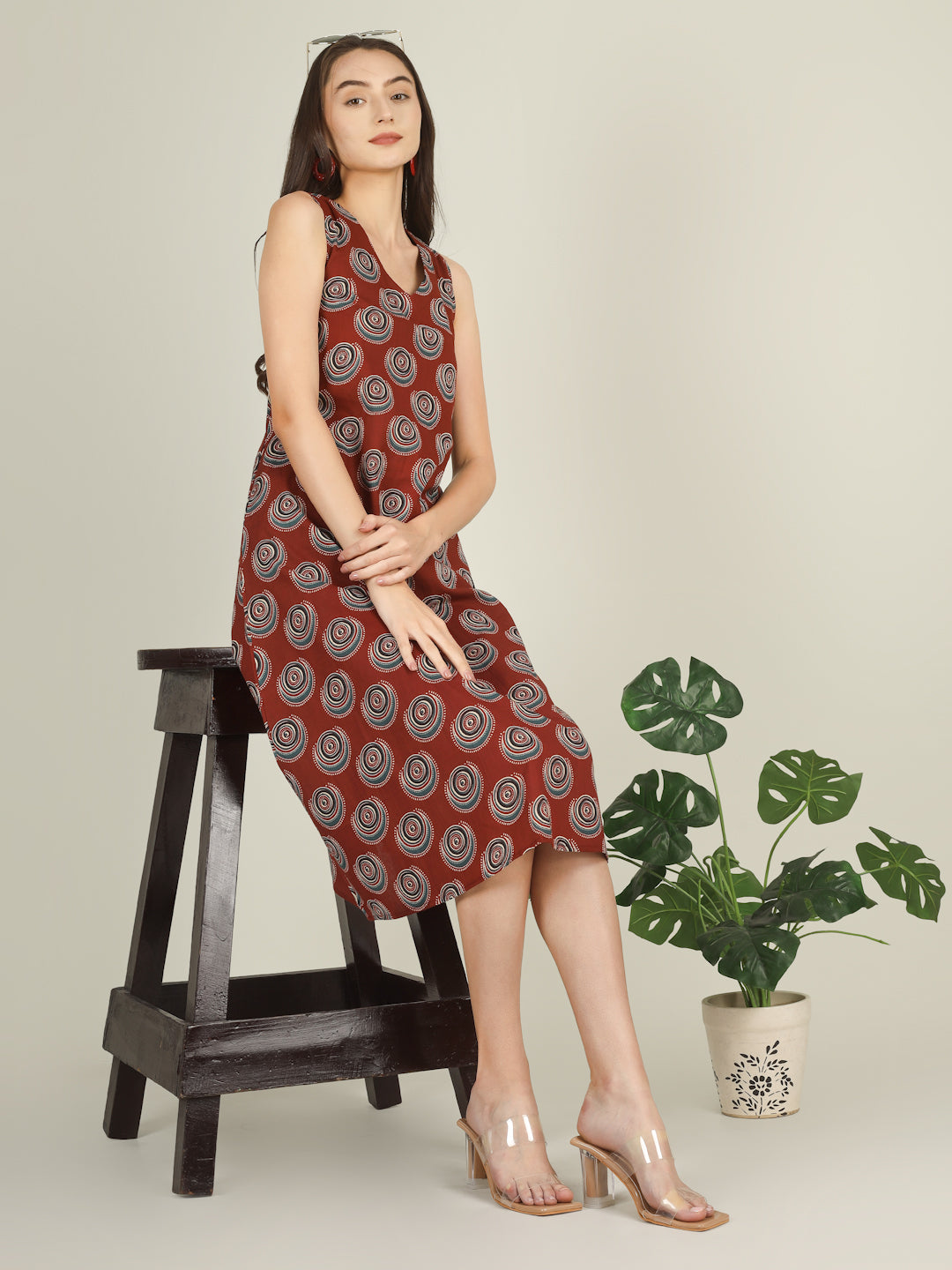 Maroon Printed V-Neck Sleeveless A-Line Cotton Dress
