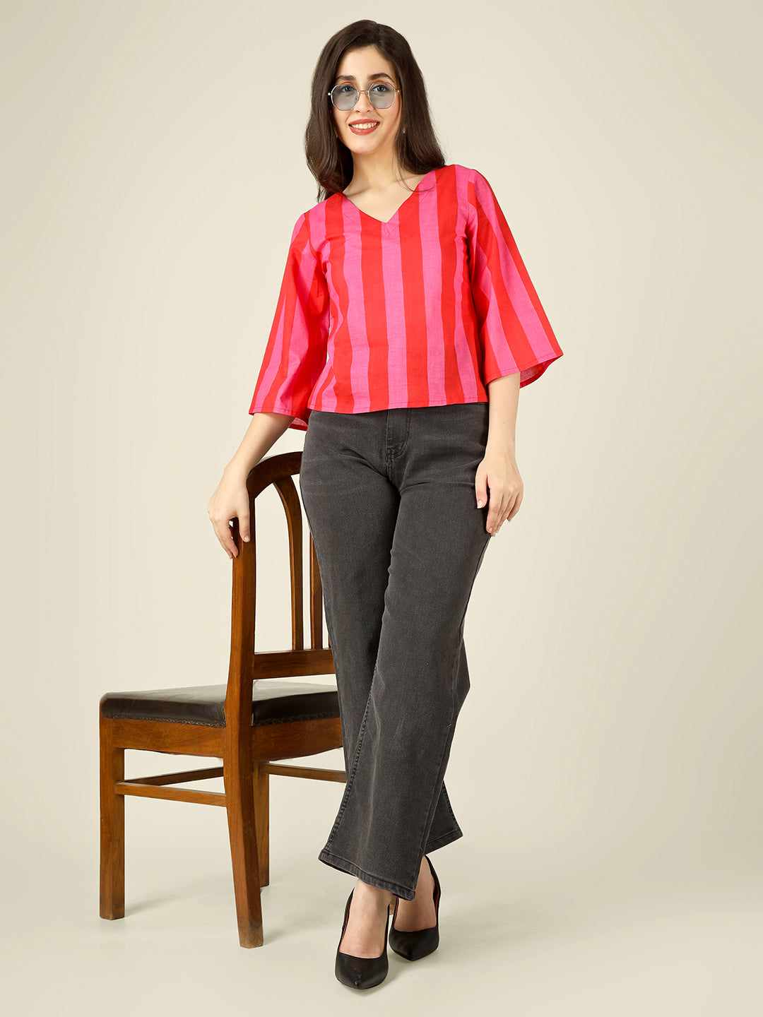 Pink and Red Striped Straight Bell-Sleeves Top
