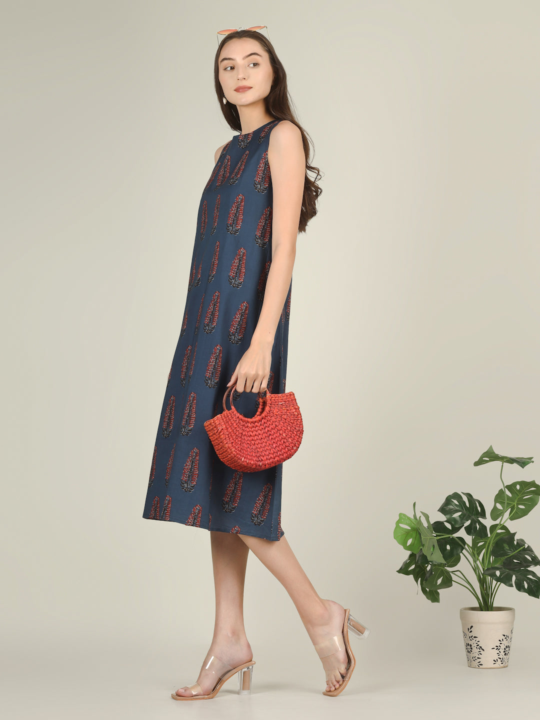 Blue Printed Sleeveless A-Line Cotton Dress